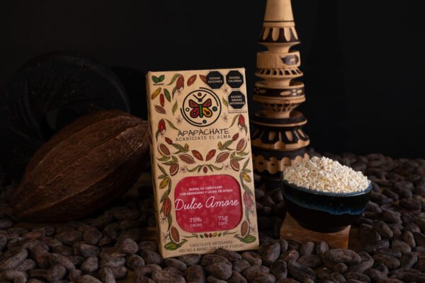 Barra de chocolate (Dulce Amore) con arandanos leche de avena y semillas de cañamo 75% cacao  (70g)